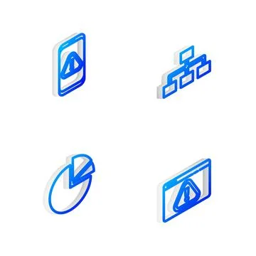 Set Isometric line Hierarchy organogram chart, Mobile with exclamation mark,  Illustration