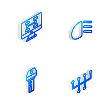 Set Isometric line High beam, Diagnostics condition of car, Car key with remote Stock Illustration
