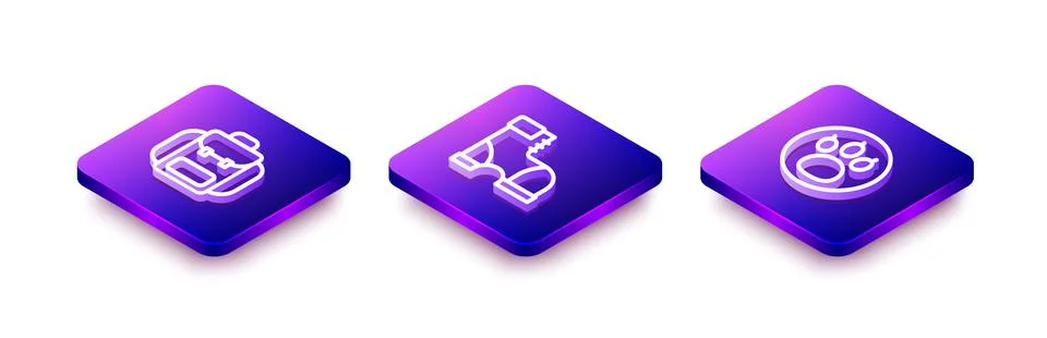 Set Isometric line Hiking backpack, Hunter boots and Paw search icon. Vector Illustrazione stock