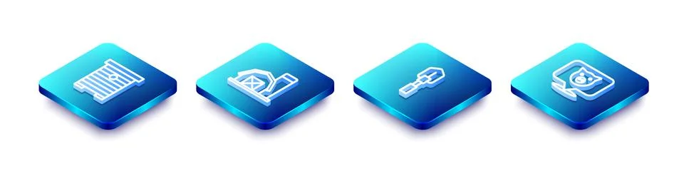 Set Isometric line Hive for bees, Farm house, Shovel and Pig icon. Vector Illustrazione stock