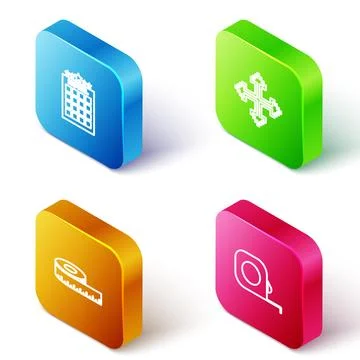 Set Isometric line Hotel building, Pixel arrows four directions, Tape measure Ilustración de archivo