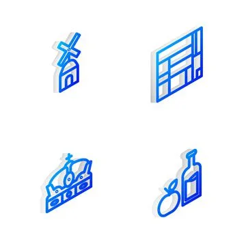 Set Isometric line House Edificio Mirador, Windmill, Crown of spain and Apple Illustration