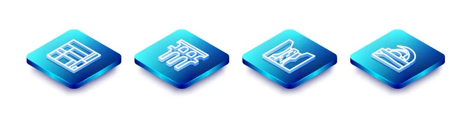 Set Isometric line House Edificio Mirador, Aqueduct of Segovia, Algar waterfall 스톡 일러스트