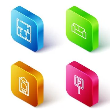 Set Isometric line House plan, Sofa, contract and Parking icon. Vector Stock Illustration