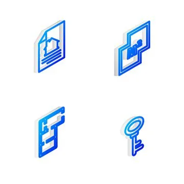 Set Isometric line House plan, contract, and key icon. Vector Stock Illustration