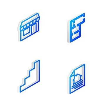 Set Isometric line House plan, Market store, Staircase and contract icon. Vector Stock Illustration