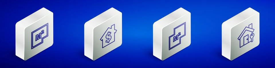 Set Isometric line House plan, with dollar symbol,  and key icon. Vector Stock Illustration