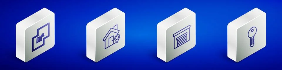 Set Isometric line House plan, Location with house, Garage and key icon. Vect Illustrazione stock