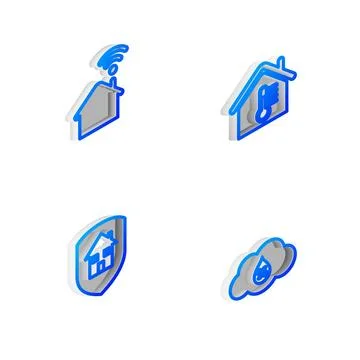 Set Isometric line House temperature, Smart home with wi-fi, under protection Stock Illustration