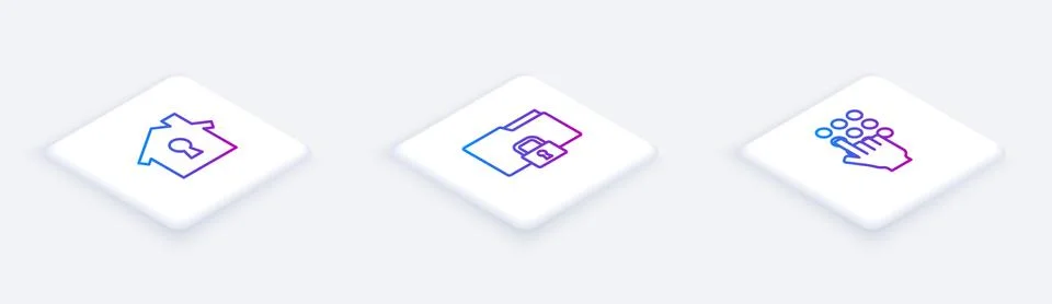 Set Isometric line House under protection, Folder and lock and Password. White Stock Illustration