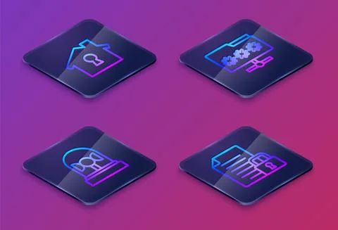 Set Isometric line House under protection, Flasher siren, Folder with password Stock Illustration