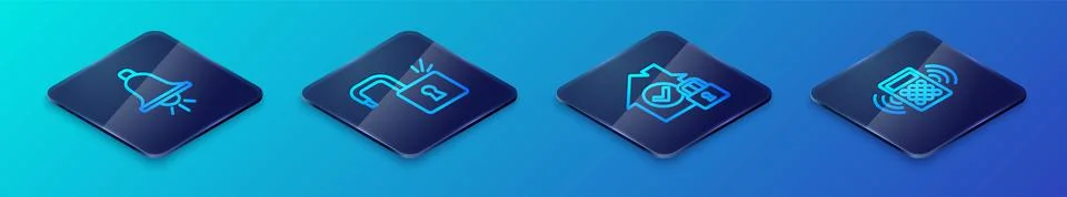Set Isometric line House under protection, Ringing alarm bell, Security keypad Illustrazione stock