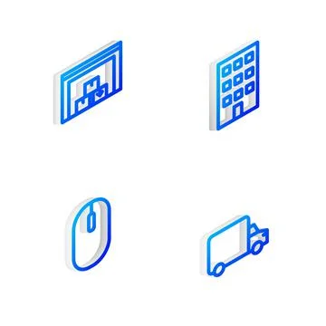 Set Isometric line House, Warehouse, Computer mouse and Delivery cargo truck Stock Illustration