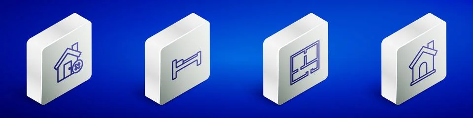 Set Isometric line House with wrong mark, Bed, plan and icon. Vector Stock Illustration