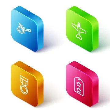 Set Isometric line Howitzer, Plane, Military reward medal and rank icon. Vect Stock Illustration