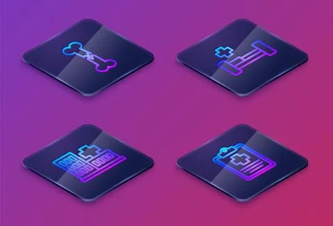 Set Isometric line Human broken bone, Hospital building, bed and Patient record Ilustración de archivo