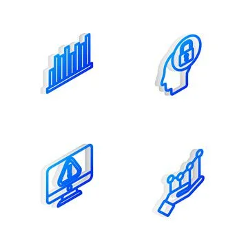 Set Isometric line Human head with lock, Pie chart infographic, Monitor Stock Illustration