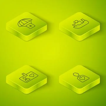 Set Isometric line Humanitarian ship, Volunteer id card or badge, and aid icon Stock Illustration