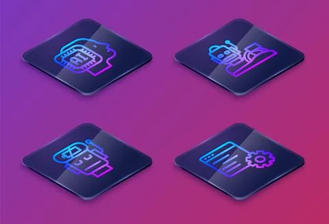 Set Isometric line Humanoid robot, Robot low battery charge, humanoid driving Stock Illustration