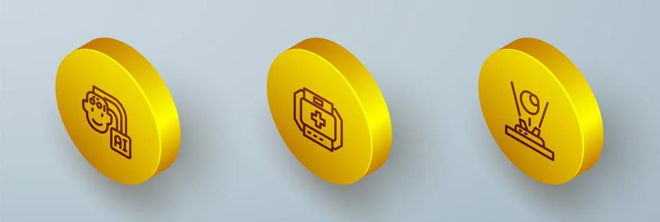 Set Isometric line Humanoid robot, First aid kit and Hologram icon. Vector Stock Illustration