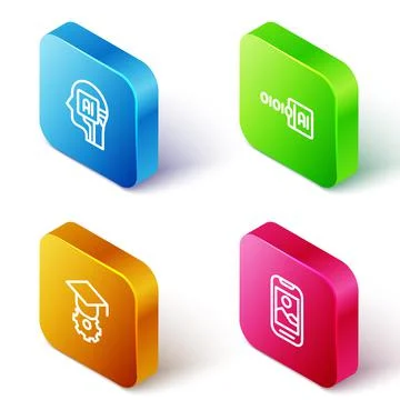 Set Isometric line Humanoid robot, Binary code, Graduation cap and Mobile phone Stock Illustration