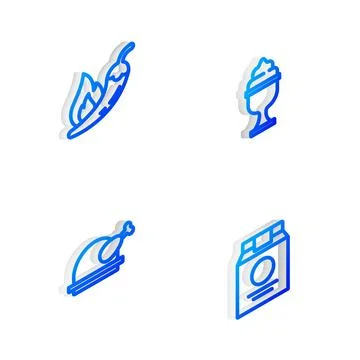 Set Isometric line Ice cream in bowl, Hot chili pepper pod, Roasted turkey .. Stock Illustration