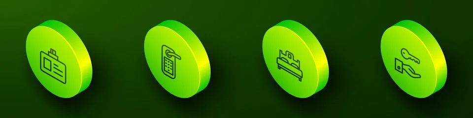 Set Isometric line Identification badge, Digital door lock, Bedroom and Hotel Illustration