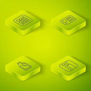 Set Isometric line Identification badge, Bottle for cleaning agent, Fire exit Stock Illustration