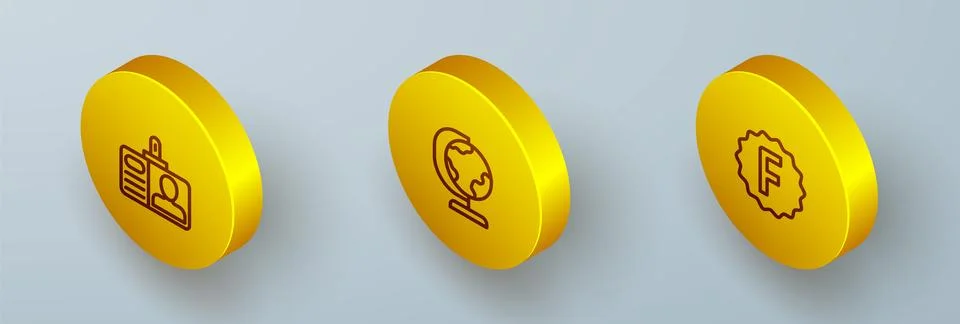 Set Isometric line Identification badge, Earth globe and Exam paper with Illustrazione stock