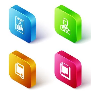 Set Isometric line Identification badge, Man with headset, Certificate template Stock Illustration