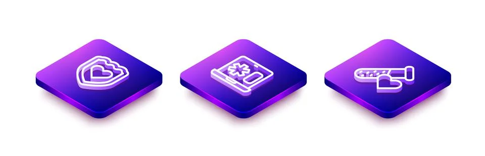Set Isometric line Immune system, Clinical record on laptop and Test tube with Stock Illustration