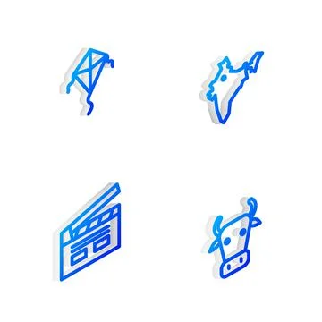 Set Isometric line India map, Kite, Bollywood indian cinema and Cow icon. Vector Stock Illustration