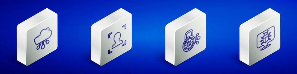 Set Isometric line Internet of things, Face recognition, Cyber security and Illustrazione stock