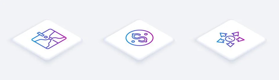 Set Isometric line Intersection point, Dollar symbol and Many ways directional Stock Illustration
