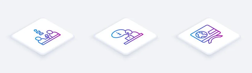 Set Isometric line Interview, Television report and Breaking news. White square Stock Illustration