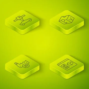 Set Isometric line Isometric cube, Printing house industry, 3D printer and car Illustrazione stock