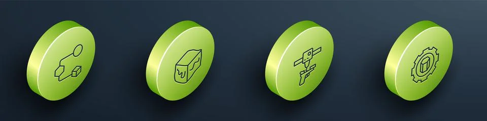 Set Isometric line Isometric cube, , 3D printer gun and setting icon. Vector Stock Illustration