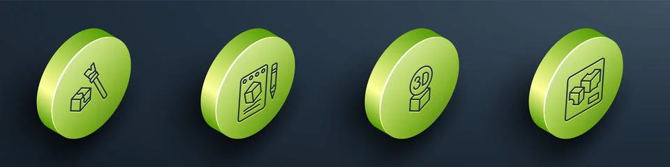 Set Isometric line Isometric cube, Sketch on paper, and 3D printer icon. Vector Stock Illustration