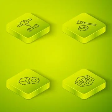 Set Isometric line Isometric cube, , RGB and CMYK color mixing and 3D printer Stock Illustration