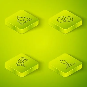 Set Isometric line Isometric cube, 3D printer, model and icon. Vector Stock Illustration