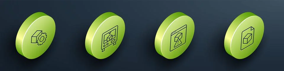 Set Isometric line Isometric cube, 3D printer, and file icon. Vector Stock Illustration
