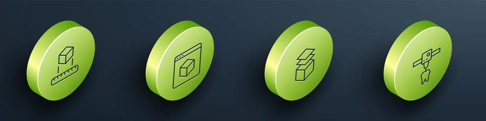 Set Isometric line Isometric cube, 3D printer, Layers and tooth icon. Vector Stock Illustration