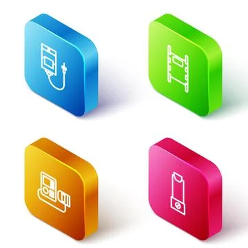 Set Isometric line IV bag, Stretcher, Blood pressure and Inhaler icon. Vector Stock Illustration