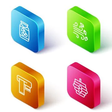 Set Isometric line Jam jar, Windy weather, Winter scarf and Hive for bees icon Ilustração Stock
