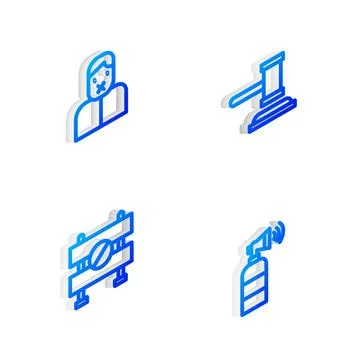 Set Isometric line Judge gavel, Censor and freedom of speech, Road barrier an イラスト素材