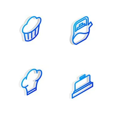 Set Isometric line Kettle with handle, Cupcake, Chef hat and Hotel service bell Illustration