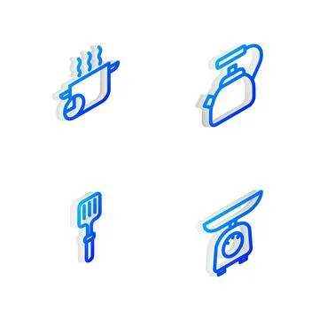 Set Isometric line Kettle with handle, Cooking pot, Barbecue spatula and Scales Illustration