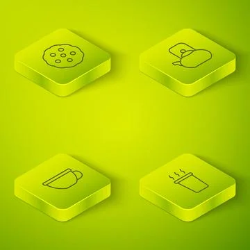 Set Isometric line Kettle with handle, Cup of tea, and Cookie or biscuit icon Illustration