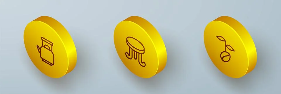 Set Isometric line Kettle with handle, Coffee table and beans icon. Vector Illustration