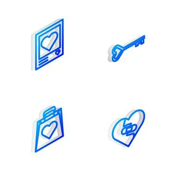 Set Isometric line Key in heart shape, Photo frames and hearts, Shopping bag Stock Illustration